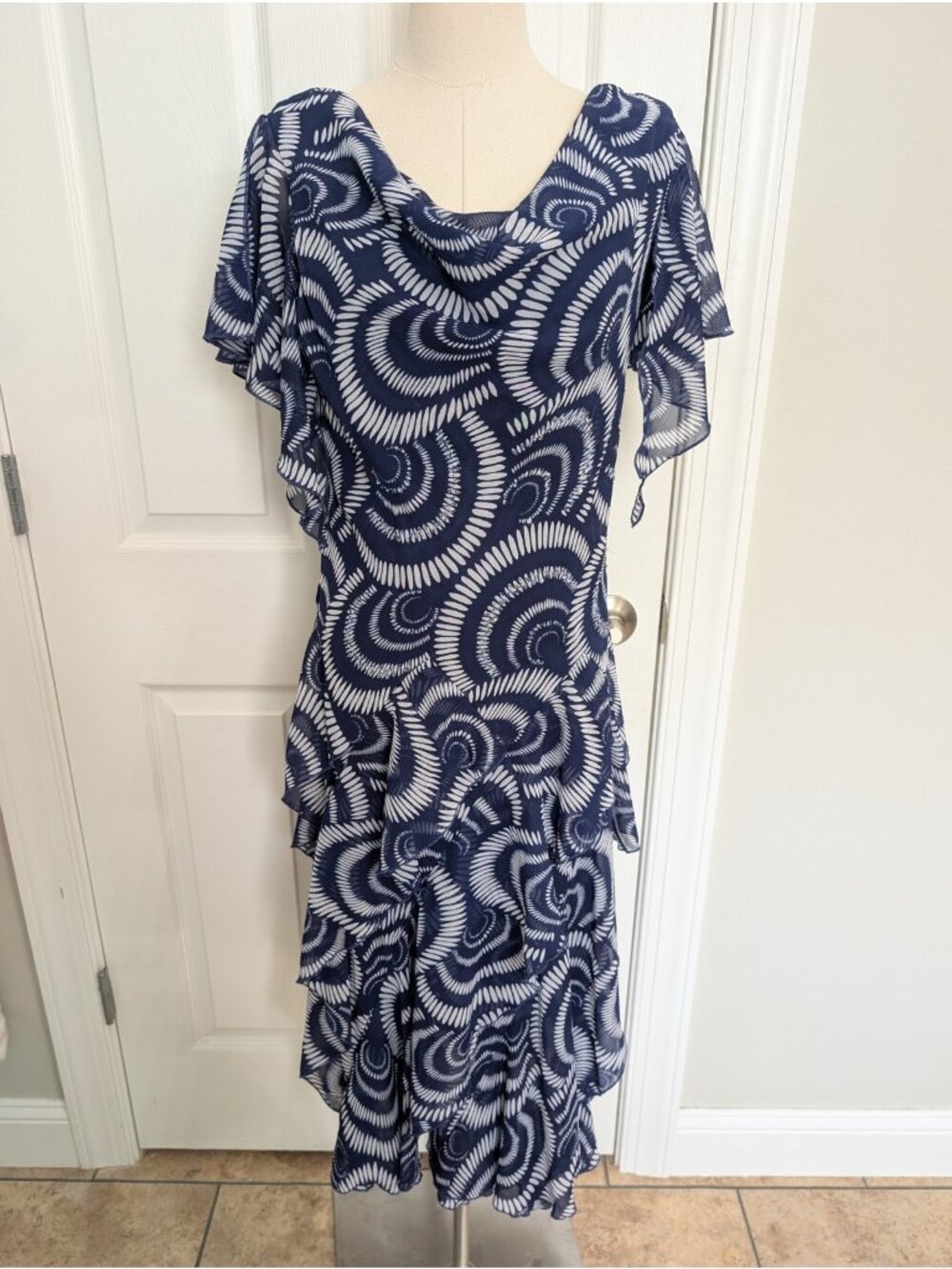 VTG Y2K Signature Robbie Bee Blue White Cowl Neck Beaded Dress 10 Fairy Whimsy